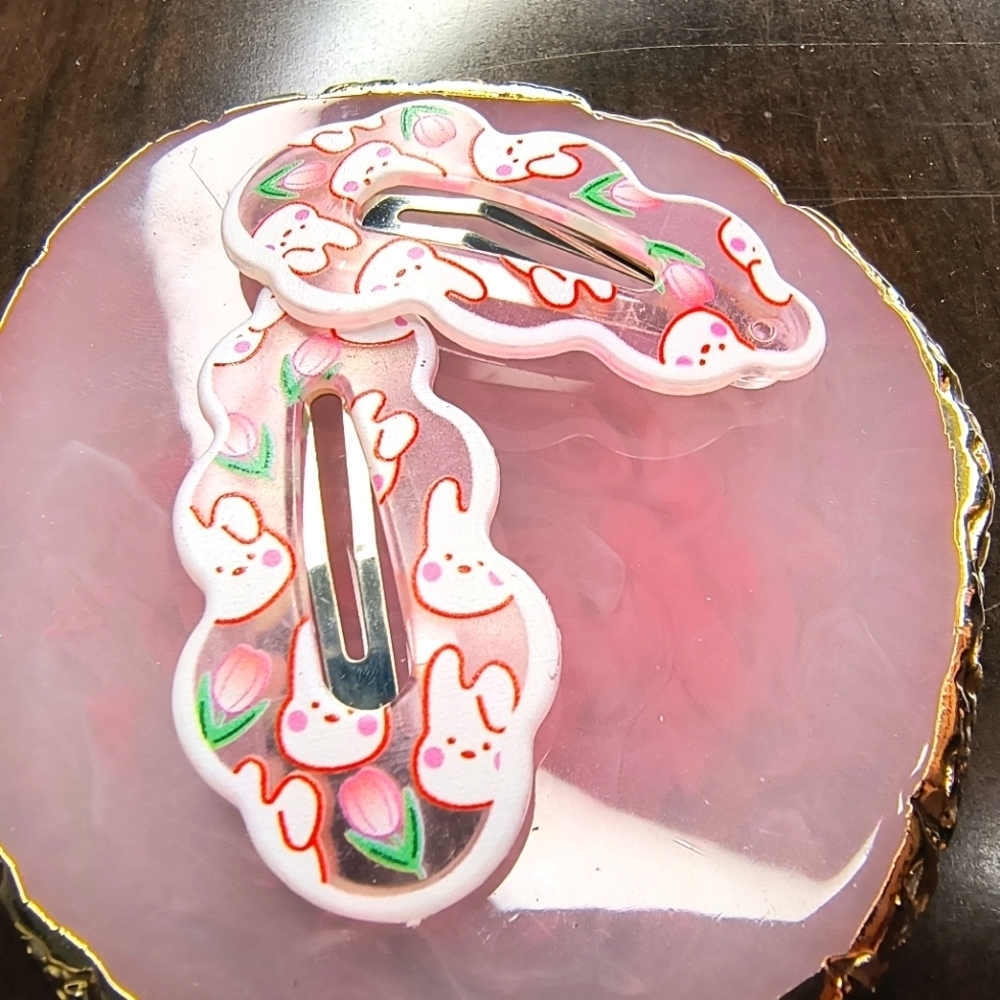 Women’s Jewelry Unique and Cute Pink Bunny Hair Clips with little roses